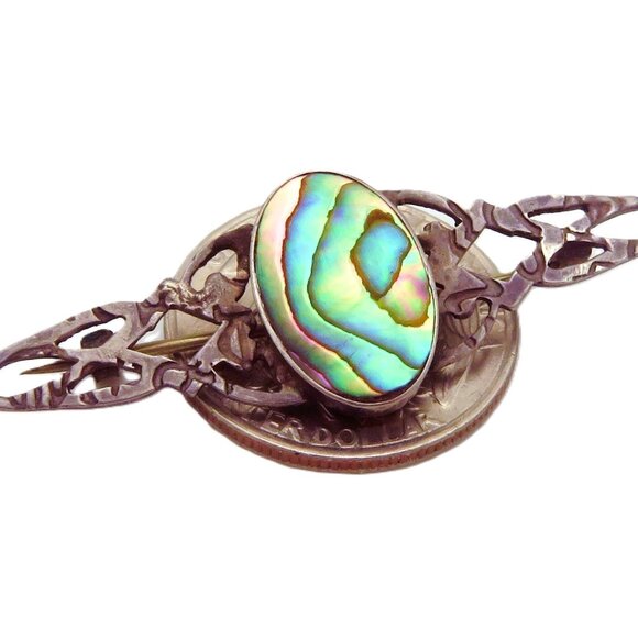 Antique Art Nouveau Sterling Silver Abalone Shell Cabochon Brooch Pin - Picture 2 of 4